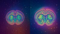 AI-generated, color-coded illustration showing two mouse brain cross-sections
