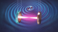 Illustration showing laser beams passing between mirrors with colliding black holes and gravitational waves in the background